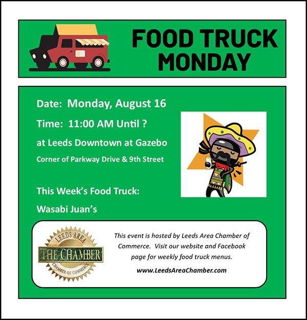 Food Truck Monday August 16 with Wasabi Juan's. Check out their menu & plan to have lunch downtown Leeds at the Gazebo | Alabama