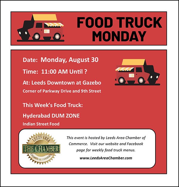 Food Truck Monday August 30 with Hyderabad DUM ZONE. Check out their menu & plan to have lunch downtown Leeds at the Gazebo | Alabama