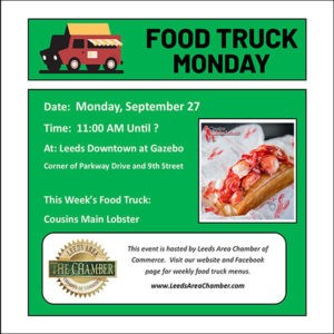 Food Truck Monday September 27 with Cousin's Main Lobster. Check out their menu & plan to have lunch downtown Leeds at the Gazebo | Alabama