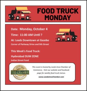 Food Truck Monday October 4 with Hyderabad DUM ZONE. Check out their menu & plan to have lunch downtown Leeds at the Gazebo | Alabama