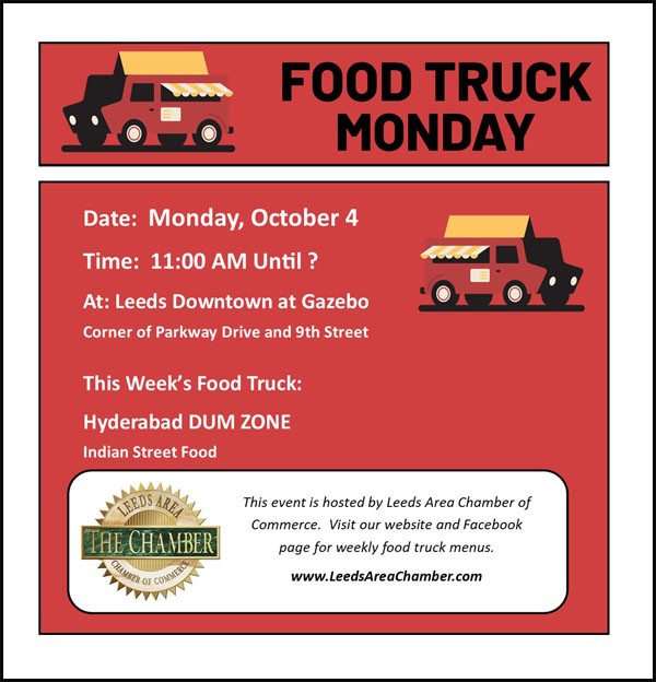 Food Truck Monday October 4 with Hyderabad DUM ZONE. Check out their menu & plan to have lunch downtown Leeds at the Gazebo | Alabama