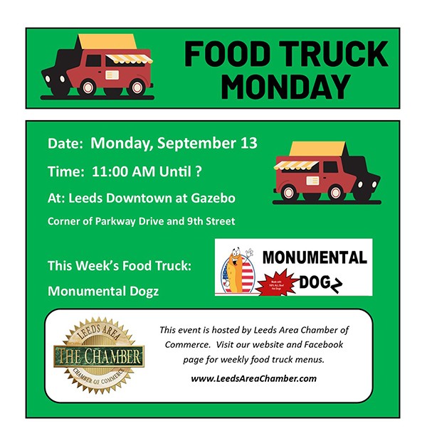 Food Truck Monday September 13 with Monumental Dogz. Check out their menu & plan to have lunch downtown Leeds at the Gazebo | Alabama