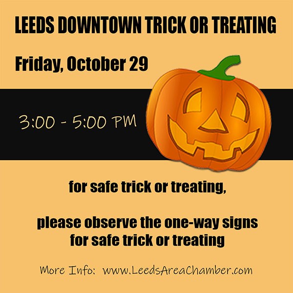 Leeds Downtown Trick or Treat 2021 scheduled for Friday, October 29th from 3-5 PM sponsored by Leeds Area Chamber of Commerce.  | 205.699.5001