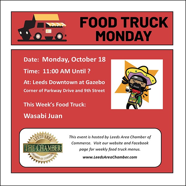 Food Truck Monday October 18 with Wasabi Juan and October 25 with Satay n Roll. Check out their menus & plan lunch downtown Leeds near gazebo