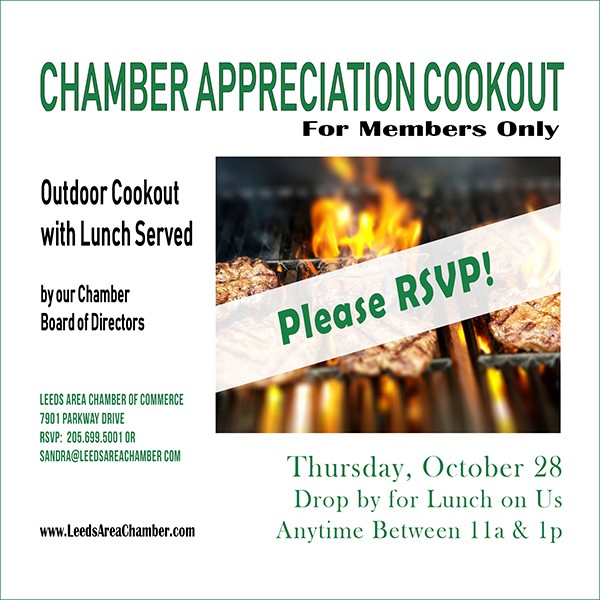 Chamber Member Appreciation Cookout 2021 - Thursday, October 28 from 11a-1p | The Leeds Area Chamber of Commerce would like to show our