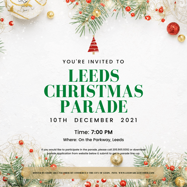 Register Now for Leeds Christmas Parade 2021 | This year's event will be held on Friday, December 10 - 7 PM in historic downtown Leeds, AL.
