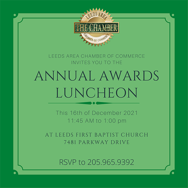 RSVP Now for Leeds Area Chamber of Commerce Awards Luncheon 2021 scheduled for 11:45 am on Thursday, December 16 at Leeds First Baptist Church