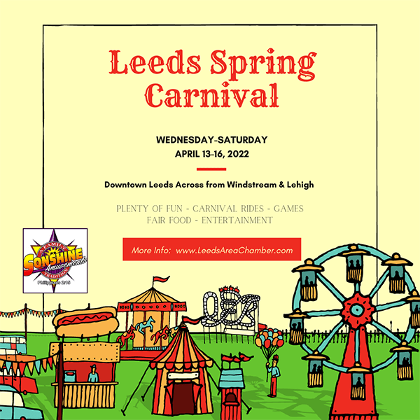 Leeds Spring Carnival 2022 is coming! Bring your kids to downtown Leeds across from Lehigh & Windstream for carnival festivities Apr 13-16
