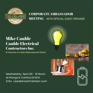 Join the Leeds Area Chamber of Commerce for the April 20 Corporate Ambassador Meeting at Mango's Cantina at Noon.  If you are a business