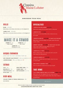 Cousins Maine Lobster Menu. for Food Truck Monday Leeds Alabama