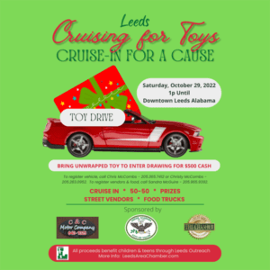 Leeds Cruising for Toys 2022, cruise-in for a cause, is scheduled for Saturday, October 29, 2022 beginning at 1pm in downtown Leeds, Alabama.