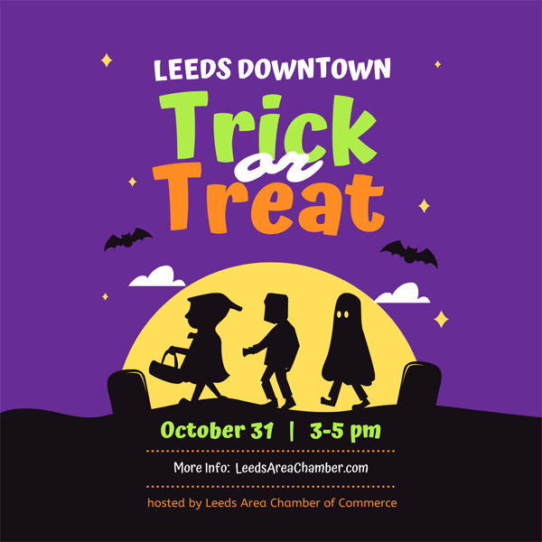 Leeds Downtown Trick or Treat 2022 scheduled for Monday, October 31 from 3-5 PM sponsored by Leeds Area Chamber of Commerce.  | 205.699.5001