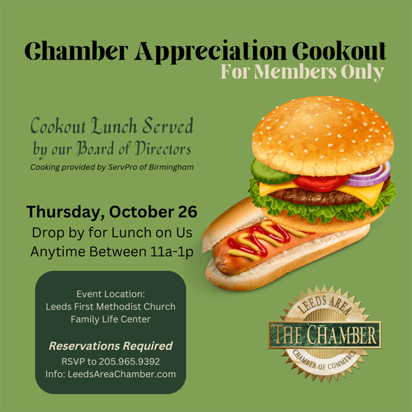 Chamber Member Appreciation Cookout 2023 - Thursday, October 26 from 11a-1p | Leeds Area Chamber of Commerce would like to show appreciation