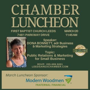 Dona Bonnett with adr Business & Marketing Strategies will discuss Public Relations and Marketing for Small Business at Leeds Area Chamber of Commerce meeting