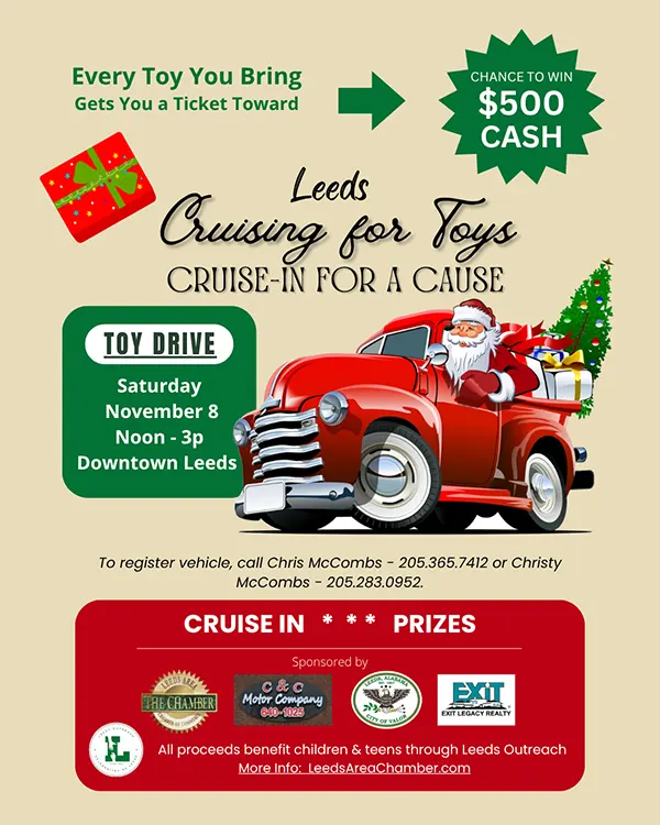 Bring Toys for a Chance to Win $500 at Leeds 2025 Cruising for Toys Charity Cruise-In - The Fifth Annual event is scheduled for November 8
