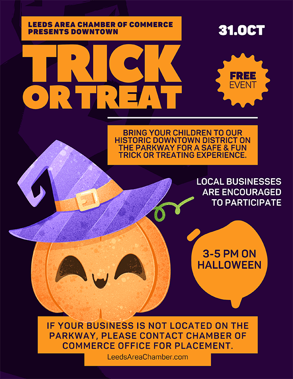 Leeds Area Chamber of Commerce announces Downtown Trick or Treating 2025 scheduled for Tuesday, October 31, 2023 from 3-5p with local