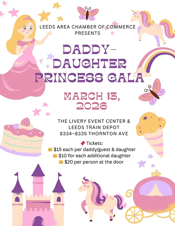 Daddy-Daughter Princess Gala 2026 | Friday, March 13, from 6 to 8PM at The Livery Event Center and Leeds Train Depot, designed to be magical