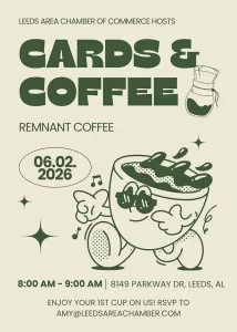 Join Leeds Area Chamber of Commerce for our upcoming Cards & Coffee networking event at Remnant Coffee on Tuesday, June 2 from 8:00–9:00 AM.