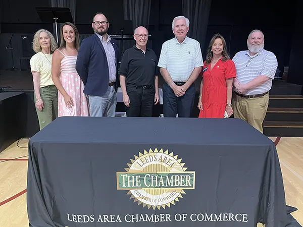 Shown in the photo: Debbie Watkins - Bob Watkins Realty; Casey Parsons - Guild Mortgage; Josh Marks - Executive Director, Leeds Area Chamber of Commerce; Steve Karr - Board President, Leeds Area Chamber of Commerce; Ron Whitehead - Leeds Outreach; Rep. Susan DuBose; and Brandon Rogers, - Leeds First Methodist Church.