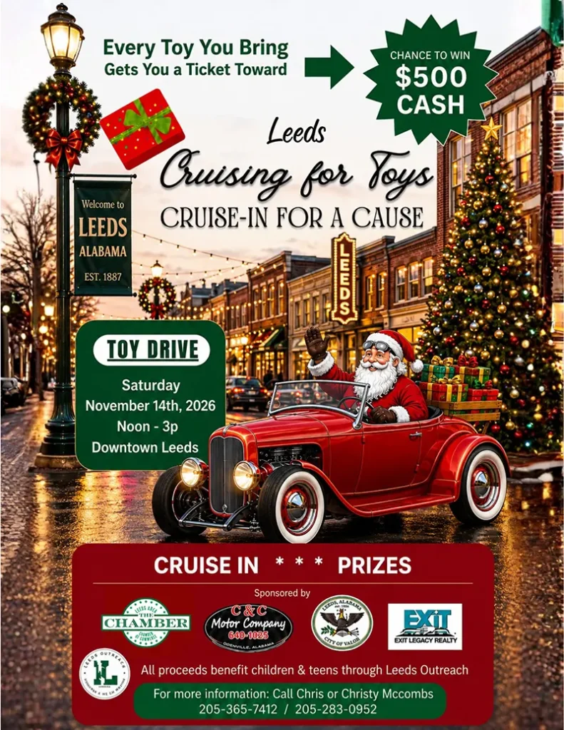 Bring Toys for a Chance to Win $500 at Leeds 2026 Cruising for Toys Charity Cruise-In - The Sixth Annual event is scheduled for November 14