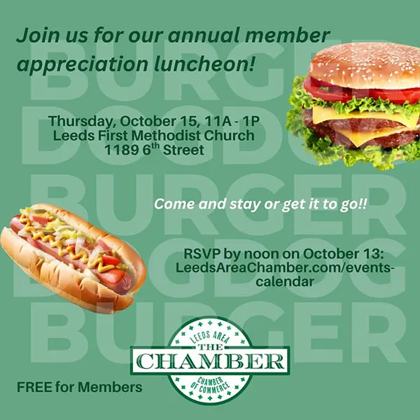 Chamber Member Appreciation Cookout 2026 - Thursday, October 15 from 11a-1p | Leeds Area Chamber of Commerce would like to show appreciation